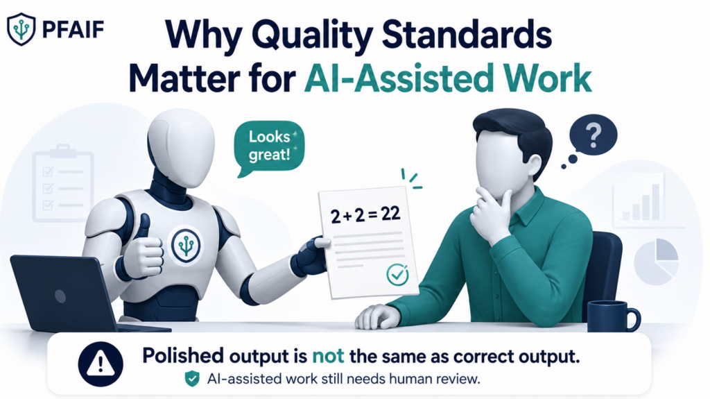 "Why Quality Standards Matter for AI-Assisted Work" showing a robot handing a human an incorrect mathematical equation while giving a thumbs up.